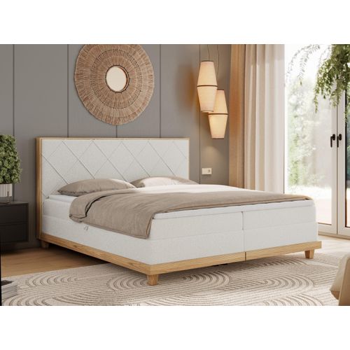 MKS MEBLE Boxspringbett 140x200 Eiche Weiß Boucle, Polsterbett 140x200 mit Massivholz Eiche, Bett mit Stauraum und 7-Zonen Taschenfederkern Mattratze H4 - Caicos