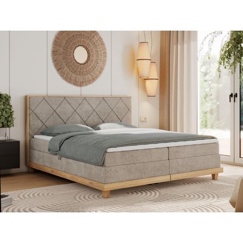 MKS MEBLE Boxspringbett 140x200 Eiche Beige Struktur, Polsterbett 140x200 mit Massivholz Eiche, Bett mit Stauraum und 7-Zonen Taschenfederkern Mattratze H3 - Caicos