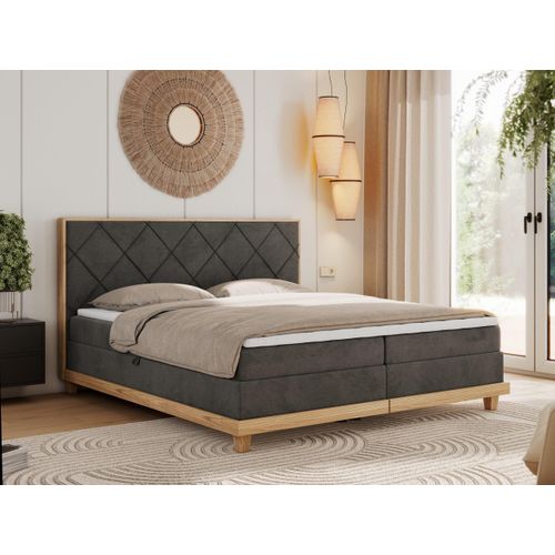 MKS MEBLE Boxspringbett 140x200 Eiche Dunkelgrau Velvet, Polsterbett 140x200 mit Massivholz Eiche, Bett mit Stauraum und 7-Zonen Taschenfederkern Mattratze H4 - Caicos