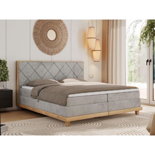 MKS MEBLE Boxspringbett 140x200 Eiche Hellgrau Velvet, Polsterbett 140x200 mit Massivholz Eiche, Bett mit Stauraum und 7-Zonen Taschenfederkern Mattratze H3 - Caicos