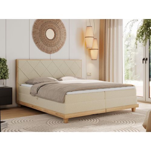 MKS MEBLE Boxspringbett 140x200 Eiche Beige Boucle, Polsterbett 140x200 mit Massivholz Eiche, Bett mit Stauraum und 7-Zonen Taschenfederkern Mattratze H3 - Caicos
