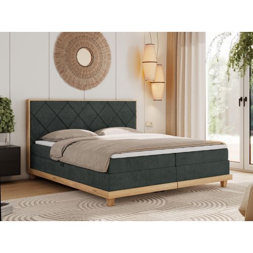 MKS MEBLE Boxspringbett 140x200 Eiche Dunkelgrau Struktur, Polsterbett 140x200 mit Massivholz Eiche, Bett mit Stauraum und 7-Zonen Taschenfederkern Mattratze H4 - Caicos