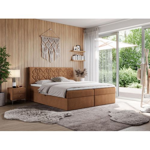 MKS MEBLE Boxspringbett 180x200 mit Matratze H4 und Bettkasten, Doppelbett Bett mit Stauraum und Topper, Polsterbett 180x200 mit Kopfteil - Leila - Orange Struktur - H4