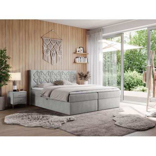 MKS MEBLE Boxspringbett 120x200 mit Matratze H3 und Bettkasten, Doppelbett Bett mit Stauraum und Topper, Polsterbett 120x200 mit Kopfteil - Leila - Hellgrau Struktur - H3