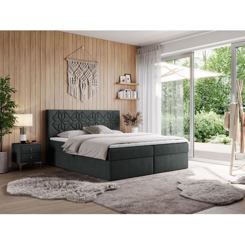 MKS MEBLE Boxspringbett 120x200 mit Matratze H4 und Bettkasten, Doppelbett Bett mit Stauraum und Topper, Polsterbett 120x200 mit Kopfteil - Leila - Dunkelgrau Struktur - H4