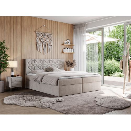 MKS MEBLE Boxspringbett 120x200 mit Matratze H4 und Bettkasten, Doppelbett Bett mit Stauraum und Topper, Polsterbett 120x200 mit Kopfteil - Leila - Beige Struktur - H4
