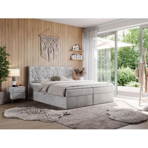 MKS MEBLE Boxspringbett 140x200 mit Matratze H3 und Bettkasten, Doppelbett Bett mit Stauraum und Topper, Polsterbett 140x200 mit Kopfteil - Leila - Hellgrau Velvet - H3
