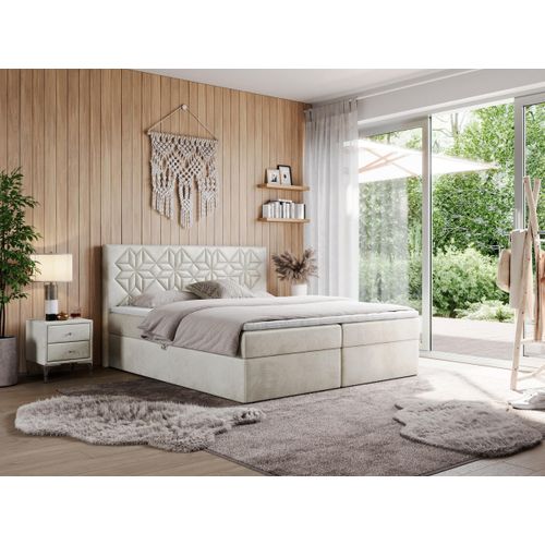 MKS MEBLE Boxspringbett 120x200 mit Matratze H4 und Bettkasten, Doppelbett Bett mit Stauraum und Topper, Polsterbett 120x200 mit Kopfteil - Leila - Beige Velvet - H4