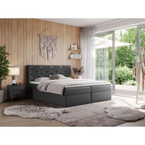 MKS MEBLE Boxspringbett 120x200 mit Matratze H4 und Bettkasten, Doppelbett Bett mit Stauraum und Topper, Polsterbett 120x200 mit Kopfteil - Leila - Dunkelgrau Kunstleder - H4