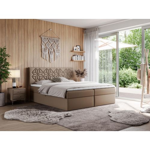 MKS MEBLE Boxspringbett 120x200 mit Matratze H4 und Bettkasten, Doppelbett Bett mit Stauraum und Topper, Polsterbett 120x200 mit Kopfteil - Leila - Braun Kunstleder - H4