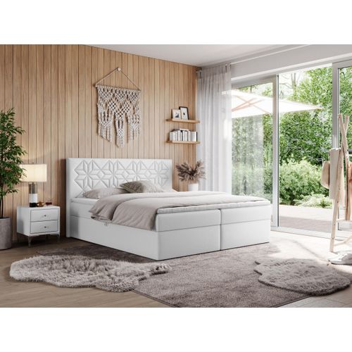 MKS MEBLE Boxspringbett 120x200 mit Matratze H4 und Bettkasten, Doppelbett Bett mit Stauraum und Topper, Polsterbett 120x200 mit Kopfteil - Leila - Weiß Kunstleder - H4