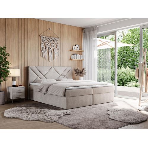 MKS MEBLE Boxspringbett 120x200 mit Matratze H3 und Bettkasten, Doppelbett Bett mit Stauraum und Topper, Polsterbett 120x200 mit Kopfteil - NEOMI - Beige Struktur - H3