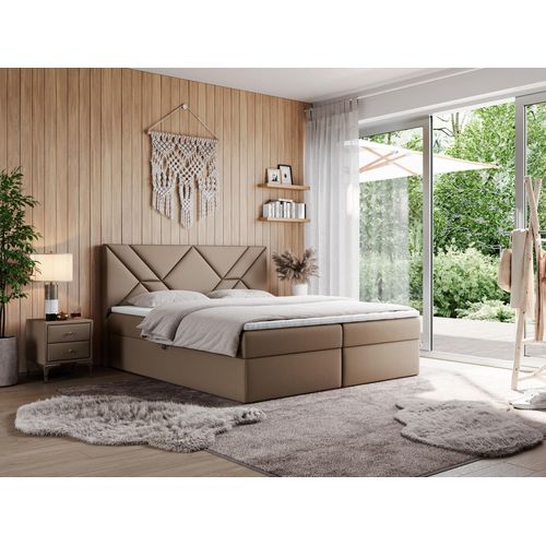 MKS MEBLE Boxspringbett 120x200 mit Matratze H4 und Bettkasten, Doppelbett Bett mit Stauraum und Topper, Polsterbett 120x200 mit Kopfteil - NEOMI - Braun Kunstleder - H4