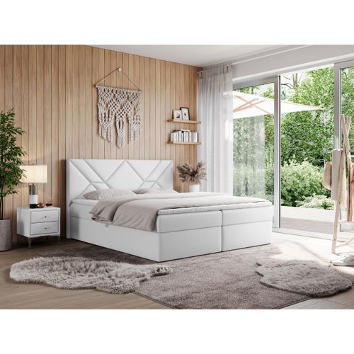 MKS MEBLE Boxspringbett 120x200 mit Matratze H4 und Bettkasten, Doppelbett Bett mit Stauraum und Topper, Polsterbett 120x200 mit Kopfteil - NEOMI - Weiß Kunstleder - H4