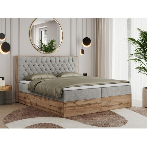 MKS MEBLE Boxspringbett 140x200 mit Bettkasten Eiche, Polsterbett 140x200 mit Matratze H4, Bett 140x200 mit Kopfteil, Bett mit Holzrahmen in Wotan Eiche - Hellgrau Struktur - Amore