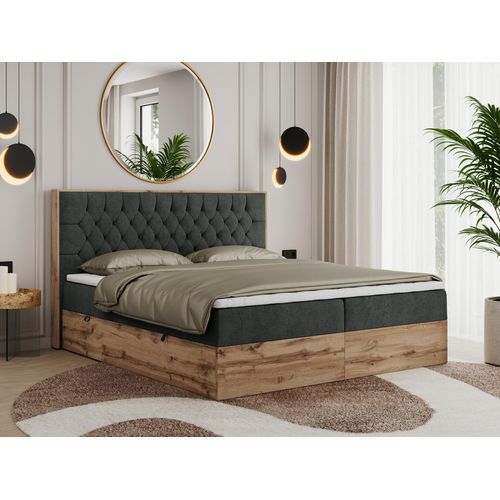 MKS MEBLE Boxspringbett 140x200 mit Bettkasten Eiche, Polsterbett 140x200 mit Matratze H3, Bett 140x200 mit Kopfteil, Bett mit Holzrahmen in Wotan Eiche - Dunkelgrau Struktur - Amore