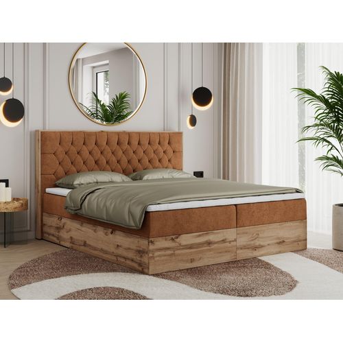 MKS MEBLE Boxspringbett 140x200 mit Bettkasten Eiche, Polsterbett 140x200 mit Matratze H4, Bett 140x200 mit Kopfteil, Bett mit Holzrahmen in Wotan Eiche - Orange Struktur - Amore