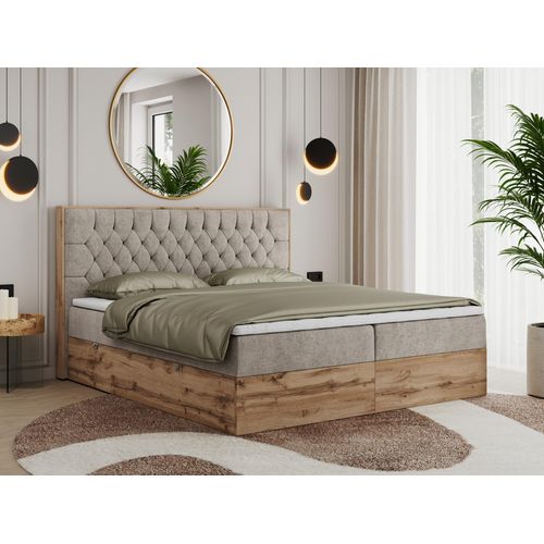MKS MEBLE Boxspringbett 140x200 mit Bettkasten Eiche, Polsterbett 140x200 mit Matratze H3, Bett 140x200 mit Kopfteil, Bett mit Holzrahmen in Wotan Eiche - Beige Struktur - Amore