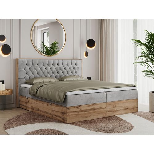 MKS MEBLE Boxspringbett 140x200 mit Bettkasten Eiche, Polsterbett 140x200 mit Matratze H4, Bett 140x200 mit Kopfteil, Bett mit Holzrahmen in Wotan Eiche - Hellgrau Velvet - Amore