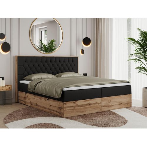 MKS MEBLE Boxspringbett 140x200 mit Bettkasten Eiche, Polsterbett 140x200 mit Matratze H4, Bett 140x200 mit Kopfteil, Bett mit Holzrahmen in Wotan Eiche - Schwarz Kunstleder - Amore