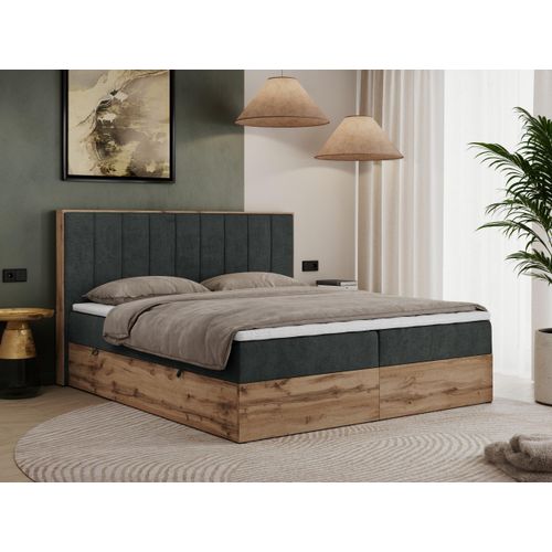 MKS MEBLE Boxspringbett 140x200 mit Bettkasten Eiche, Polsterbett 140x200 mit Matratze H4, Bett 140x200 mit Kopfteil, Bett mit Holzrahmen in Wotan Eiche - Dunkelgrau Struktur - Bellissimo