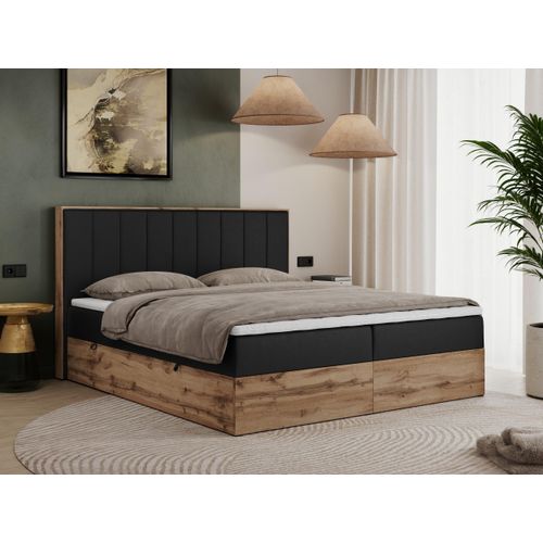 MKS MEBLE Boxspringbett 140x200 mit Bettkasten Eiche, Polsterbett 140x200 mit Matratze H4, Bett 140x200 mit Kopfteil, Bett mit Holzrahmen in Wotan Eiche - Schwarz Kunstleder - Bellissimo