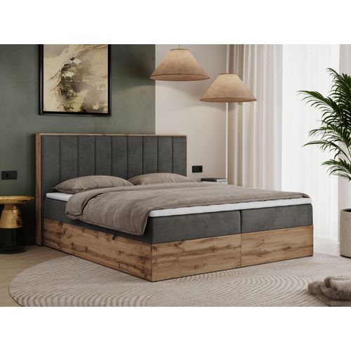 MKS MEBLE Boxspringbett 140x200 mit Bettkasten Eiche, Polsterbett 140x200 mit Matratze H4, Bett 140x200 mit Kopfteil, Bett mit Holzrahmen in Wotan Eiche - Dunkelgrau Velvet - Bellissimo