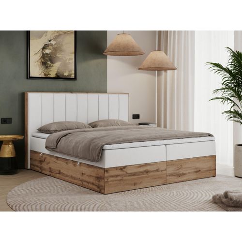 MKS MEBLE Boxspringbett 140x200 mit Bettkasten Eiche, Polsterbett 140x200 mit Matratze H4, Bett 140x200 mit Kopfteil, Bett mit Holzrahmen in Wotan Eiche - Weiß Kunstleder - Bellissimo