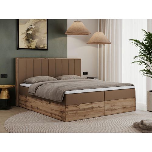 MKS MEBLE Boxspringbett 140x200 mit Bettkasten Eiche, Polsterbett 140x200 mit Matratze H3, Bett 140x200 mit Kopfteil, Bett mit Holzrahmen in Wotan Eiche - Braun Kunstleder - Bellissimo