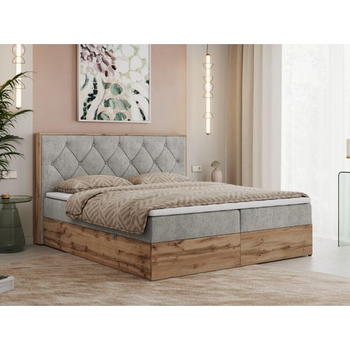 MKS MEBLE Boxspringbett 140x200 mit Bettkasten Eiche, Polsterbett 140x200 mit Matratze H3, Bett 140x200 mit Kopfteil, Bett mit Holzrahmen in Wotan Eiche - Hellgrau Struktur - Veneto