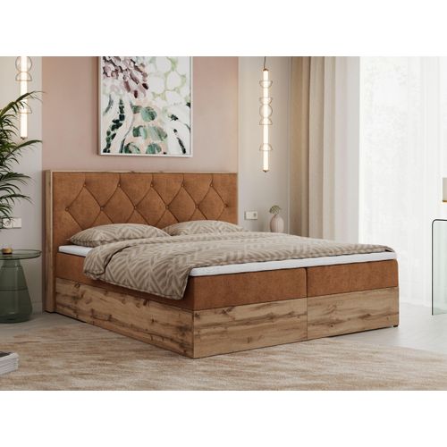 MKS MEBLE Boxspringbett 140x200 mit Bettkasten Eiche, Polsterbett 140x200 mit Matratze H3, Bett 140x200 mit Kopfteil, Bett mit Holzrahmen in Wotan Eiche - Orange Struktur - Veneto