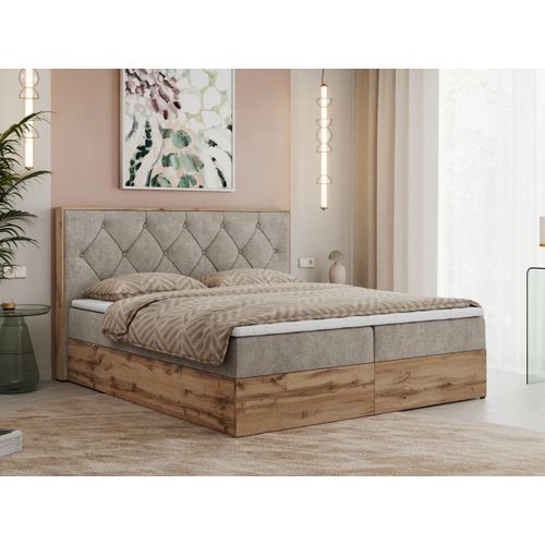 MKS MEBLE Boxspringbett 140x200 mit Bettkasten Eiche, Polsterbett 140x200 mit Matratze H4, Bett 140x200 mit Kopfteil, Bett mit Holzrahmen in Wotan Eiche - Beige Struktur - Veneto