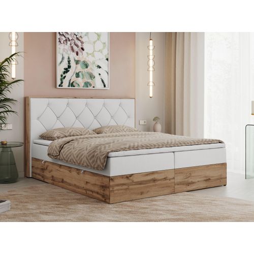 MKS MEBLE Boxspringbett 140x200 mit Bettkasten Eiche, Polsterbett 140x200 mit Matratze H4, Bett 140x200 mit Kopfteil, Bett mit Holzrahmen in Wotan Eiche - Weiß Kunstleder - Veneto