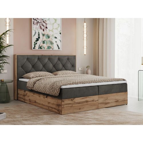 MKS MEBLE Boxspringbett 140x200 mit Bettkasten Eiche, Polsterbett 140x200 mit Matratze H3, Bett 140x200 mit Kopfteil, Bett mit Holzrahmen in Wotan Eiche - Dunkelgrau Velvet - Veneto