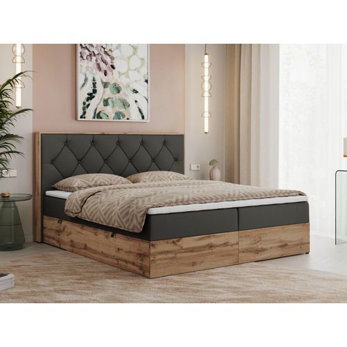 MKS MEBLE Boxspringbett 200x200 mit Bettkasten Eiche, Polsterbett 200x200 mit Matratze H4, Bett 200x200 mit Kopfteil, Bett mit Holzrahmen in Wotan Eiche - Dunkelgrau Kunstleder - Veneto