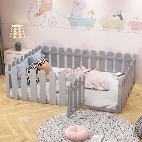 STILVORA Kinderbett 140x200 Massivholzbett mit Vollabtrennung,Bodenbett mit Umrandung und Tür, Ohne Lattenrost,Grau(Ohne Matratze)
