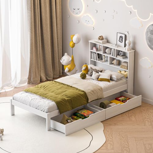 Fortuna Lai Kinderbett 90x200cm mit 2 Schubladen, Einzelbett Massivholzbett mit Regalen und Lattenrost, Kinderbett mit Tafel, Weiß