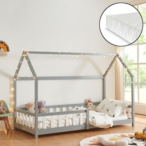Hausbett ‘Hesel’ für Kinder mit Matratze Rausfallschutz Lattenrost 90 x 200 cm Grau