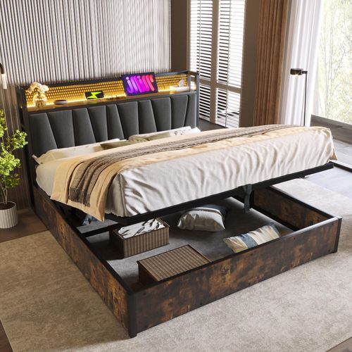 Metallbett 160x200cm mit LED-Beleuchtung, USB-Ladefunktion & App-Steuerung, Doppelbett mit Kopfteil und Stauraum, Grau (ohne Matratze)