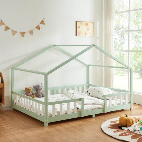 Kinderbett ’Treviolo‘ in Haus-Optik mit Rausfallschutz Kiefernholz 140 x 200 cm Mintgrün