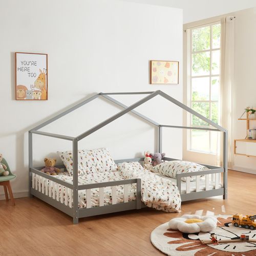 Kinderbett ’Treviolo‘ in Haus-Optik mit Rausfallschutz Kiefernholz 120 x 200 cm Grau
