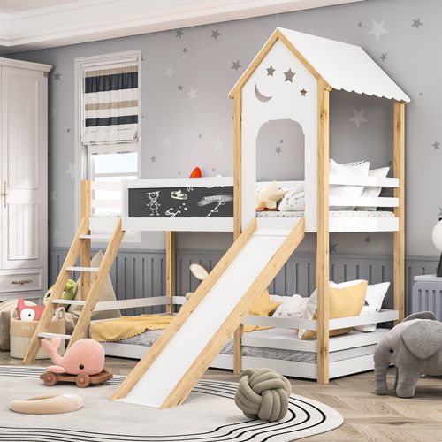 Kinderbett Etagenbett 90x200 cm mit Rausfallschutz, Tafel, Bett Hochbett Hausbett mit Rutsche & Stauraum Staufach, Jugendbett Familienbett mit Treppe & Lattenrost, Natur & Weiß