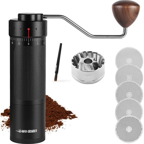 MHW-3BOMBER R3 Manuelle Kaffeemuehle mit 7 Kernen, konisches Mahlwerk aus Edelstahl, ergonomische Kurbel, verstellbare rutschfeste Barista-Werkzeuge mit Anti-Rutsch-Ring, 5 Siebmaschen fuer Espresso, Pour Over, Mokka, tuerkischen Filterkaffee