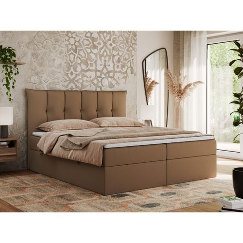 MKS MEBLE Boxspringbett 120 x 200 cm mit Bettkasten und Matratze H3, Polsterbett 120 x 200 cm mit Bettkasten, Bett 120 x 200 cm mit Stauraum und Topper - Premium-10 - Braun Kunstleder