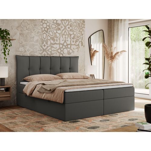 MKS MEBLE Boxspringbett 120x200 mit Bettkasten und Matratze H3, Polsterbett 120x200 mit Bettkasten, Bett 120x200 mit Stauraum und Topper - Premium-10 - Dunkelgrau Kunstleder