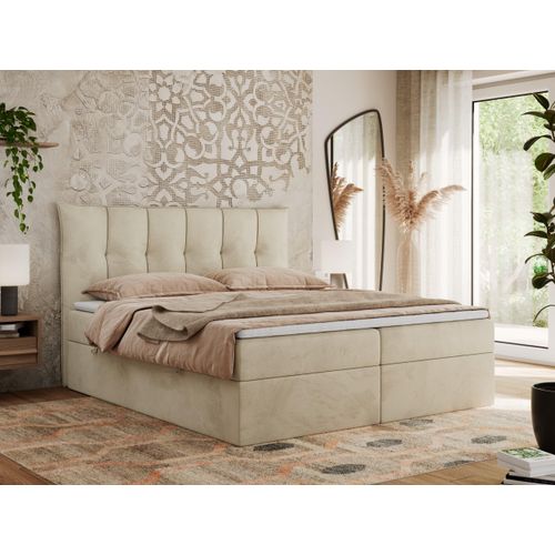 MKS MEBLE Boxspringbett 120x200 mit Bettkasten und Matratze H3, Polsterbett 120x200 mit Bettkasten, Bett 120x200 mit Stauraum und Topper - Premium-10 - Beige Velvet