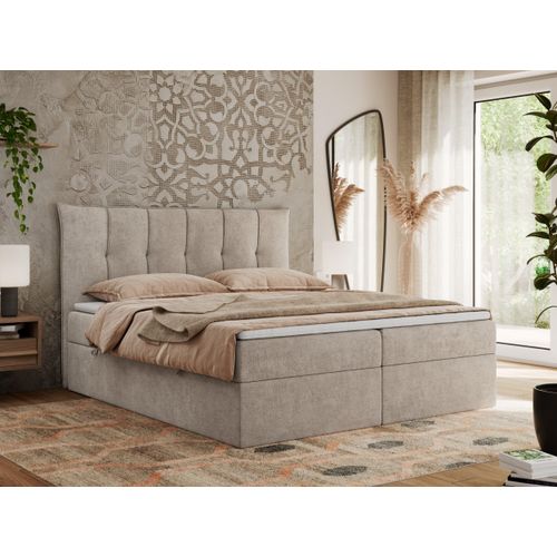 MKS MEBLE Boxspringbett 120x200 mit Bettkasten und Matratze H3, Polsterbett 120x200 mit Bettkasten, Bett 120x200 mit Stauraum und Topper - Premium-10 - Beige Struktur