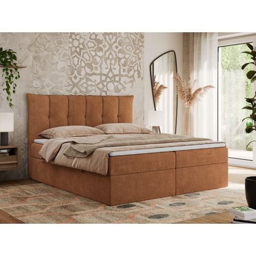 MKS MEBLE Boxspringbett 120x200 mit Bettkasten und Matratze H3, Polsterbett 120x200 mit Bettkasten, Bett 120x200 mit Stauraum und Topper - Premium-10 - Orange Struktur