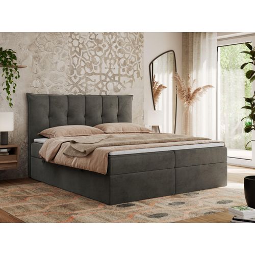 MKS MEBLE Boxspringbett 200 x 200 cm mit Bettkasten und Matratze H3, Polsterbett 200 x 200 cm mit Bettkasten, Bett 200 x 200 cm mit Stauraum und Topper - Premium-10 - Dunkelgrau Velvet