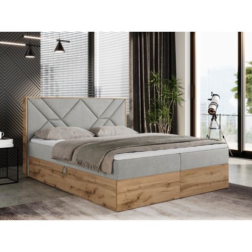 Boxspringbett 160x200 mit Bettkasten, Polsterbett 160x200 mit Matratze H4, Boxspringbett 160x200 mit Kopfteil, Boxspringbett mit Massivholz - Gunar - Hellgrau Struktur - H4